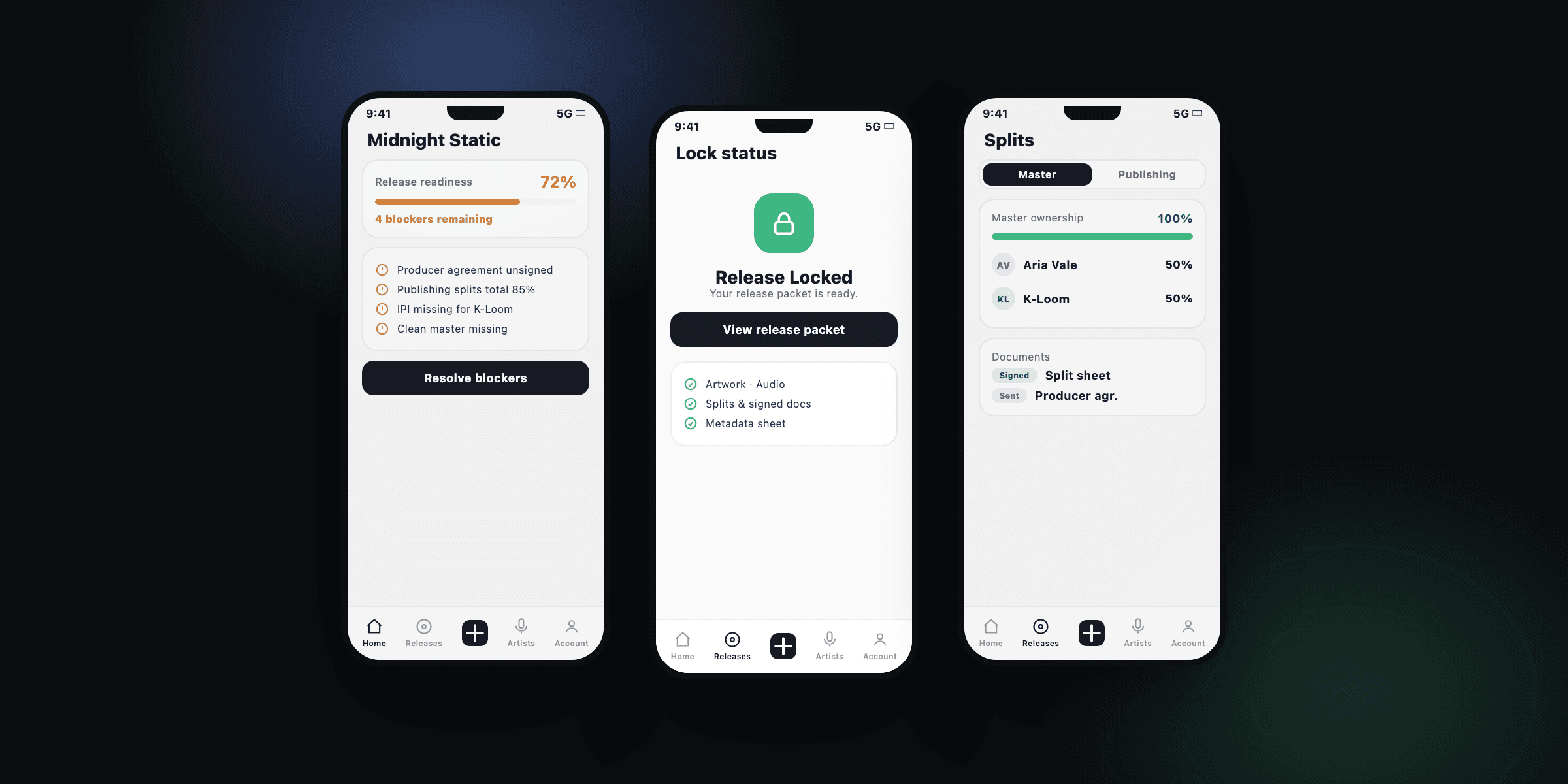 Voro app — a release at 72% with blockers, a locked release, and validated splits