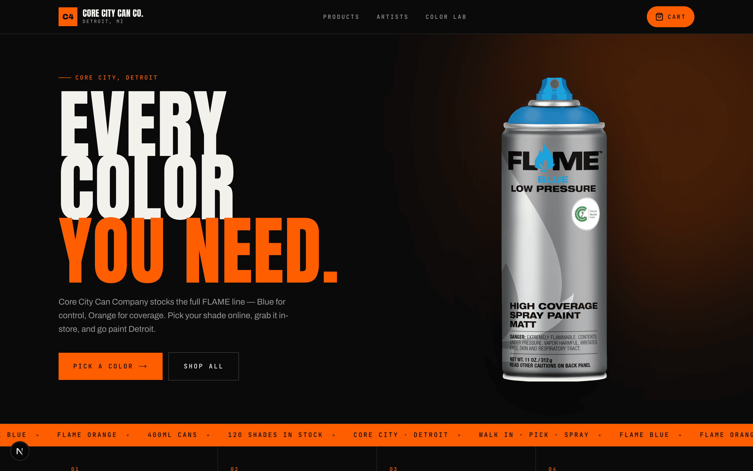 C4 homepage hero with the FLAME can and bold type