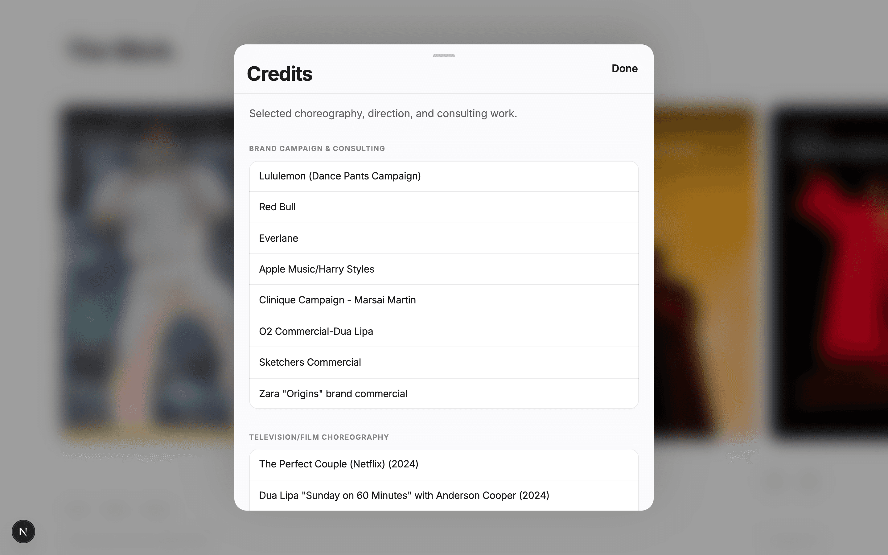 Charm La’Donna Credits modal with grouped list