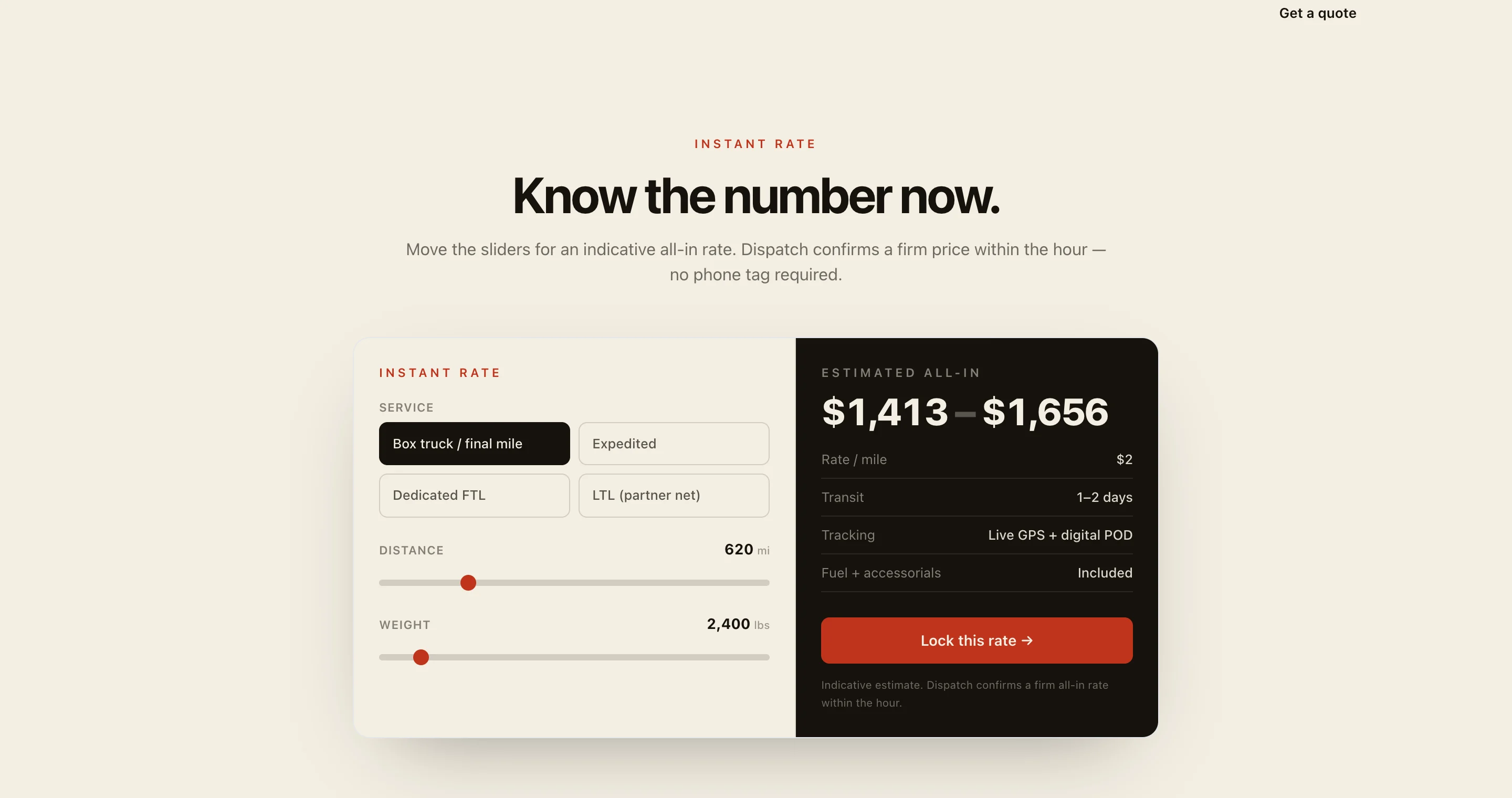 An instant-rate estimator — sliders to a firm price range in seconds