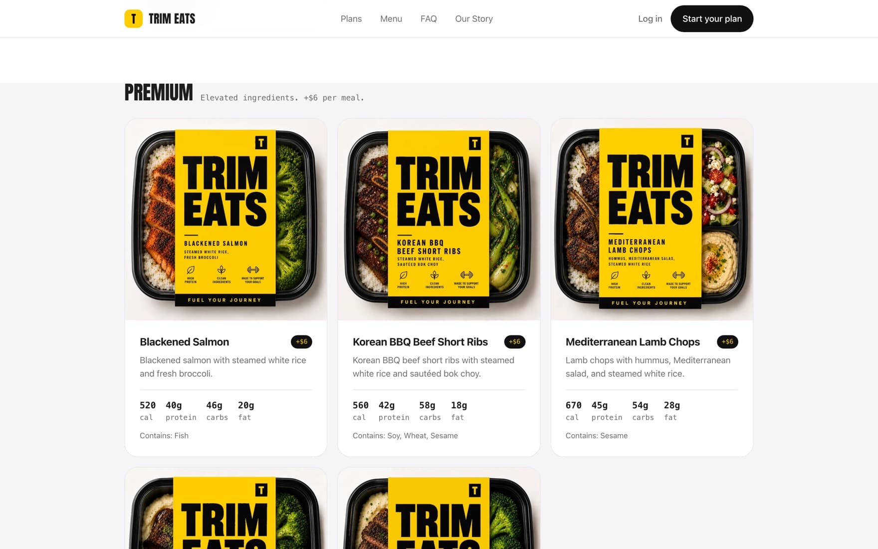 Trim Eats menu grid — dish cards with macros and allergens